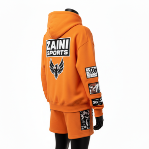 Conjunto de Sudadera con Capucha y Pantalones Cortos para Mujer, 320 GSM, Felpa de Algodón Premium, Diseño con Paneles Naranjas, Estampado Puff, Logotipo Personalizado, Ropa Urbana - Product Image 5