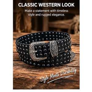 Ceinture vintage cloutée en cuir véritable à 100 %, boucle ardillon style western, sangle noire décorative à rivets pour tenues décontractées, de soirée ou de motard - Product Image 3