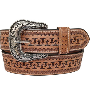 Ceinture d'outillage à main de style occidental en cuir véritable grain de qualité supérieure avec boucle de designer en laiton antique gravé floral - Product Image 1