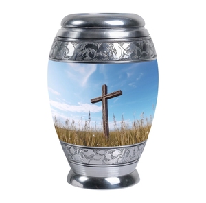 Urna Funeraria de Metal con Cruz Sagrada de Aluminio, Diseño de Amanecer en una Cueva Marina, Grabada a Mano, Acabado Plateado, de Latón, para Cenizas Humanas - Product Image 4