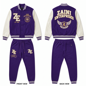 Chándal Deportivo de Felpa de Algodón y Poliéster de 380 GSM, Color Morado con Paneles Blancos, Bordado Chenille, Traje de Entrenamiento - Product Image 1