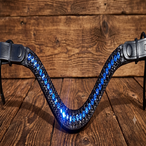Diadema para caballo de cuero genuino con cristales azules y negros en forma de onda profunda, con diamantes de imitación, en tallas full cob. - Product Image 6