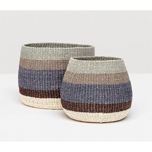 Ensemble de paniers tissés artisanaux modernes pour étagères - Paniers de rangement en jonc de mer texturé à rayures - Idéal pour l'organisation décorative de la maison - Product Image 1