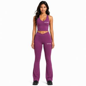 Women's Purple <b>Pilates</b> Outfit Racerback Crop Top Wide Flare <b>Yoga</b> Trousers Flexible Gym Wear Spandex Polyester 2 Piece Activewear - Product Image 1