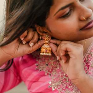 Elegant Antique Imitation Pearl Gold Plated Brass Chandelier Jhumki Earrings-Ethnic Hindu Religious Charm Studs - Product Image 3