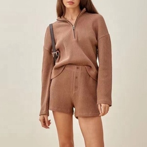 Summer Waffle Knit 2 Piece Women <b>Short</b> Set Clothing Custom Half <b>Zip</b> Women's Sets - Product Image 4