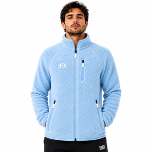 Veste polaire réversible personnalisée bleu ciel en coton 100 % écologique pour homme, fermeture éclair intégrale, col montant, vente en gros, sherpa bleu clair pour l'hiver - Product Image 1
