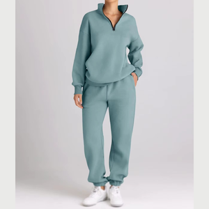 Women Purple Cotton Tracksuit Set Full Length Sweatpants Half-Zip Hoodie Casual Loose Fit Autumn Solid Color Breathable - Product Image 5