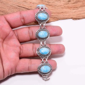 Larimar Oval <b>Stone</b> Bracelet Blue Boho Bracelet Silver Statement Jewelry Handmade Gemstone Gift For Her - Product Image 2