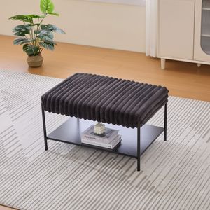 Repose-pieds ottoman en fausse fourrure de 30,7 pouces de large avec pieds en métal noir, étagère de rangement ouverte en bois, tabourets et ottomanes - Product Image 4