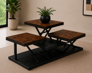 Ensemble de tables basses en bois rustique moderne avec plateaux carrés à trois niveaux et structure en métal noir pour salon et mobilier de maison - Product Image 4