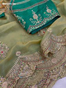 Sari-Blouse en mousseline de soie à motifs festonnés, orné de broderies multi-sequins et de fils Butta et de bordures, pour usage occasionnel - Exportateur indien - Product Image 4