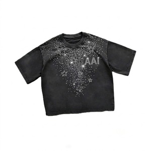 Camiseta de Alta Calidad Estilo Y2K con Cristales en Cascada, Diseño de Estrella, para Hombre, Manga Corta, Corte Holgado, Hombros Caídos, Patrón Personalizado Brillante - Product Image 1