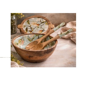 Wooden Bowl Salad Or Fruits Serving Bowl <b>Sticker</b> Printed Enamel Mango Wood Bowls With Spoon Enamel Printed - Product Image 4