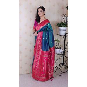 Green Soft Silk Zari Woven <b>Warli</b> Art Traditional Saree Indian & Pakistani Clothing by Elite Weaves 600g - Product Image 2