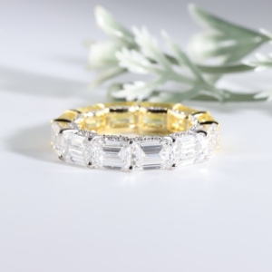 Emerald Cut Yellow and White Eternity Two Tone Half Canary Lab Grown Diamond Gold Wedding Bands Women Multi Stone <b>Fine</b> Gift <b>Ring</b> - Product Image 2