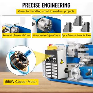 Tornio da banco compatto in metallo 7"x14" 550W con velocità regolabile 2250 RPM, include mandrino a 3 griffe e voltmetro digitale, motore principale 220V - Product Image 4