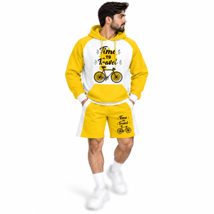 Conjunto de pantalones cortos con capucha para hombre, color amarillo y blanco, estampado de bicicleta, traje informal de invierno, algodón transpirable - Product Image 1