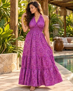 Purple Paisley Print Halter Maxi <b>Swimdress</b> Women Tiered Skirt Beach Poolside Dress 1 Piece Breathable Woven Chiffon Style - Product Image 1