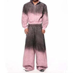 Sudadera con capucha para hombre, de algodón 100%, con cremallera, estilo urbano, con efecto desgastado y rotos, color rosa, con pedrería, OEM ODM - Product Image 3