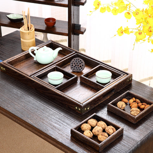 Plateau de service en bois avec poignée, ensemble de 7 plateaux rectangulaires modernes en bois massif empilables pour la vaisselle et l'utilisation dans le salon - Product Image 5