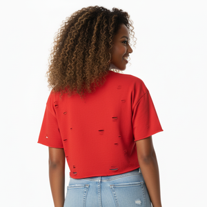 Plus Size Women's <b>Red</b> <b>Crop</b> <b>Top</b> Crew Neck Short Sleeve Solid Color Logo Print Casual Style 100% Cotton Knitted Breathable Spring - Product Image 6
