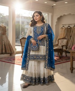 Ensemble Kurti Sharara Dupatta pour femmes, vêtements ethniques de luxe, collection de mode boutique, 83869 LC 1460 Bleu - Product Image 1