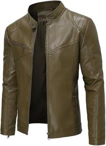 Veste de motard vintage en cuir d'agneau vert olive pour homme, col montant, coupe ajustée, fermeture éclair, vêtements d'extérieur pour l'automne et l'hiver - Product Image 4