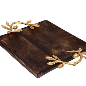 Luxury Dark Wood Serving Tray with Gold Leaf Handles - Solid <b>Walnut</b> Decorative Platter for <b>Coffee</b> <b>Table</b> Ottoman & Home Decor - Product Image 2