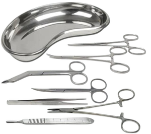 Ensemble d'instruments chirurgicaux pour chirurgie générale avec outils en acier inoxydable et plateau métallique, certifié CE classe I, utilisation manuelle - Product Image 1