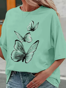 Plus Size Women's <b>Patchwork</b> Anti-Wrinkle O-Neck Pullover Short Sleeve 100% Cotton Casual Summer Knit - Product Image 3
