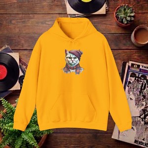 Sudadera con Capucha Amarilla con Estampado de Gato, Unisex, Informal, para Otoño, Corte Regular, de Algodón Tejido - Product Image 1