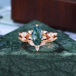 Ensemble de bagues de fiançailles vintage en agate mousse marquise, alliance en or rose, bijoux de mariée uniques - Product Image 6