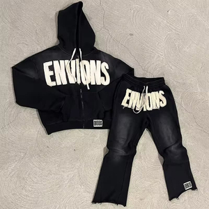 Custom Logo High Quality <b>Tracksuit</b> Manufacturer Unisex Vintage Cotton Sun Faded Distressed Acid Wash Zip up <b>Tracksuits</b> - Product Image 1
