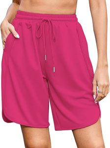 Shorts de Punto de Algodón y Elastano de Color Rosa Sólido para Mujer Talla Grande, con Bolsillos, Cintura Elástica, Ropa Casual de Verano - Product Image 5