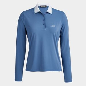 Polo de Manga Larga para Mujer, Azul, Tejido de Punto, Secado Rápido, Color Sólido, Logotipo Frontal, Venta al Por Mayor, Personalizado, OEM - Product Image 1