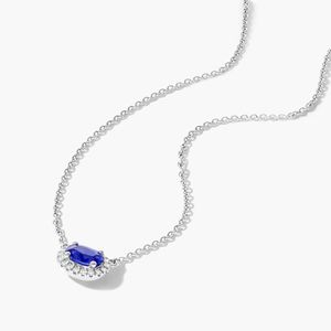 East-West Blue Sapphire Halo <b>Necklace</b> in White Gold Horizontal Oval Sapphire Pendant with Diamond Halo September <b>Birthstone</b> - Product Image 5