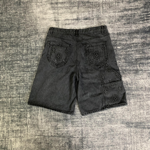 Short en jean pour homme, style hip-hop, personnalisé, vintage, taille mi-haute, délavé, effet usé, délavé à l'acide, avec strass - Product Image 2