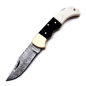 Cuchillo de Bolsillo Hecho a Mano de Acero de Damasco con Hoja D2 y Resina Blanca y Negra, Cuchillo Plegable EDC de Latón con Funda de Cuero para Caza y Camping - Product Image 5