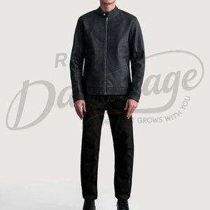 Chaqueta de moto de cuero negro para hombre, corte ajustado, piel de oveja auténtica, para otoño e invierno, informal, con cuello alto, cierre de cremallera, estilo minimalista. - Product Image 3