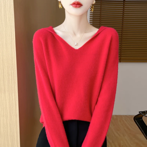 Pull en tricot à col en V, couleur unie, coupe classique, vêtement décontracté d'automne, haut rouge à manches longues pour femme - Product Image 5