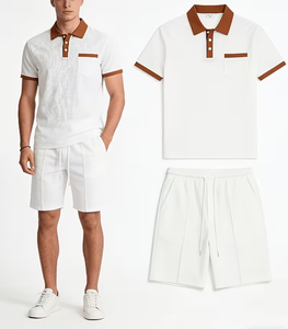 Men's White Polo Shirt Set With Brown Trim Knitted Cotton Casual Summer Wear - Product Image 1