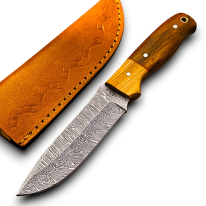 Couteau de camping Skinner à pointe tombante en acier Damas forgé à la main, ultra-affûté, avec fourreau en cuir et manche en bois de rose, pour l'autodéfense, OEM/ODM - Product Image 1