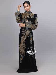 Awais House Women's Black Velvet Floor-Length V-neck Long Sleeve Beaded Embroidery Modest Elegant A-Line Silhouette Natural - Product Image 6