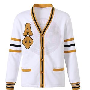 Cardigan blanc Alpha Phi Fraternity, bordure dorée et noire, boutons sur le devant, manches longues, pull pour homme, tricoté en acrylique, col en V, style universitaire - Product Image 1