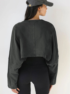 Top Corto Casual de Manga Larga con Cuello Redondo para Mujer, Tejido de Poliéster Transpirable, Corte Holgado, Otoño/Invierno - Product Image 4