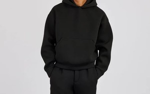 Unisex Black Two-Piece Hooded <b>Sweatshirt</b> Set Full Sleeve Loose Fit Cotton Fleece Casual All Seasons Solid Color Knitted Long - Product Image 3