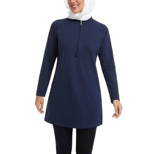Robe de sport modeste à manches longues pour femmes, couleur marine unie, avec poches zippées, séchage rapide, respirante, écologique, pour le yoga et la remise en forme - Product Image 4