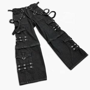Jean droit noir pour homme, coupe ample, avec rivets décoratifs, style hip-hop, en denim de coton mi-lourd, idéal pour le printemps - Product Image 1