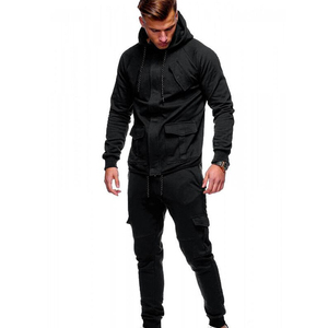 Ensemble de survêtement noir pour homme, sweat-shirt à capuche à manches longues, poches latérales, vêtements décontractés, respirant, coupe régulière, couleur unie, hiver, 2 en 1 - Product Image 2